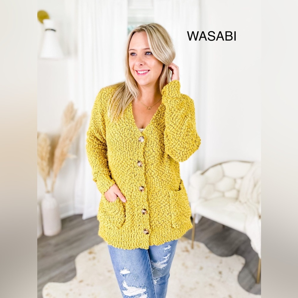 Zenana Wasabi Popcorn Cardigan with Buttons and Pockets NWT XL